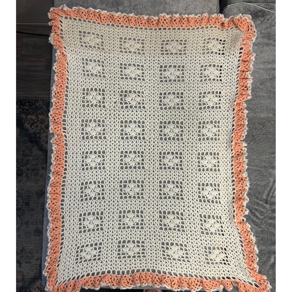 Handmade Crochet Baby Blanket White Peach Ruffle Trim Vintage style